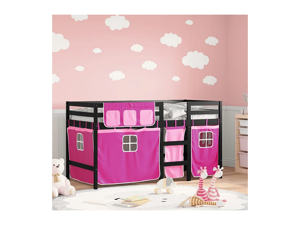 Lit mezzanine enfants avec rideaux sans matelas rose 90x190 cm