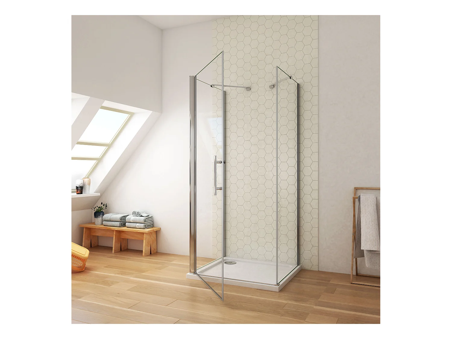 100x90x90x195cm 6mm Sicherheitsglas Duschwand mit Seitenwand Duschkabine Duschtür Eckdusche Drehtür L=450 (Stützstange)