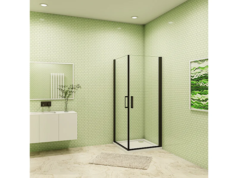 100x100x200cm 8mm Duschtrennwand Drehtür Glastür  Duschtür Duschkabine schwarz mit Duschwand