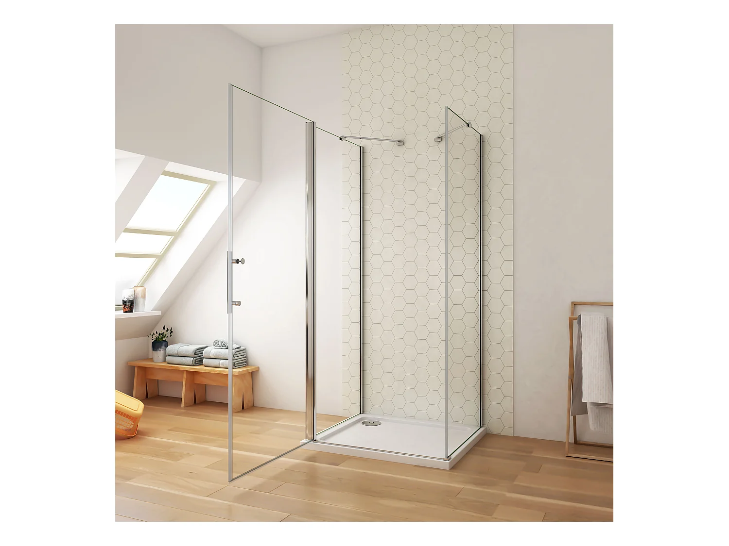 76x80x80x185cm 6mm Duschwand mit Seitenwand Duschkabine Duschtür Eckdusche Drehtür L=500 (Stützstange)