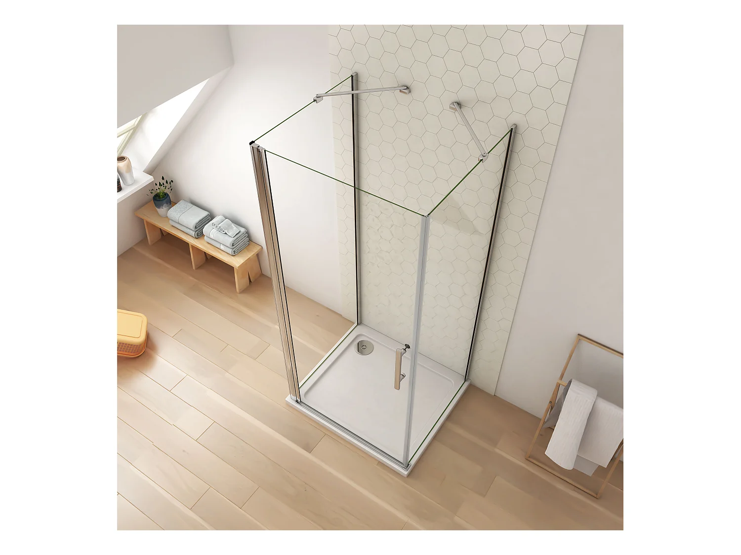 90x90x90x195cm 6mm Sicherheitsglas Duschwand mit Seitenwand Duschkabine Duschtür Eckdusche Drehtür L=450 (Stützstange)