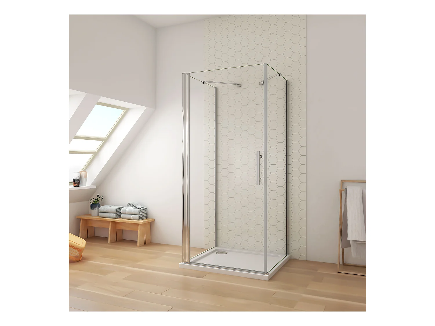 90x90x90x185cm 6mm Sicherheitsglas Duschwand mit Seitenwand Duschkabine Duschtür Eckdusche Drehtür L=450 (Stützstange)