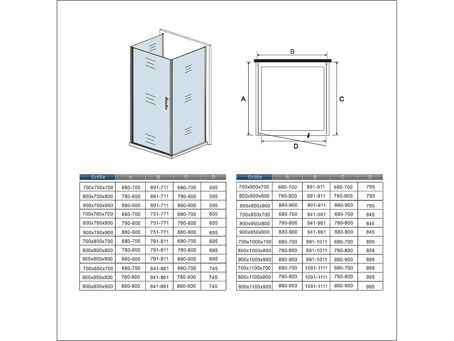 70x80x80x195cm 6mm Sicherheitsglas Duschwand mit Seitenwand Duschkabine Duschtür Eckdusche Drehtür L=450 (Stützstange)