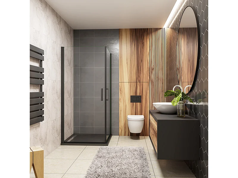 90x90x200cm 8mm Duschtrennwand Drehtür Glastür  Duschtür Duschkabine schwarz mit Duschwand