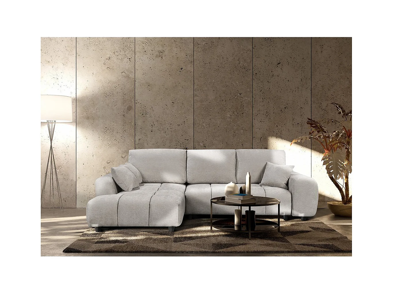 Divano letto angolare sinistro in tessuto ciniglia "Verneuil" - 3 posti - Beige