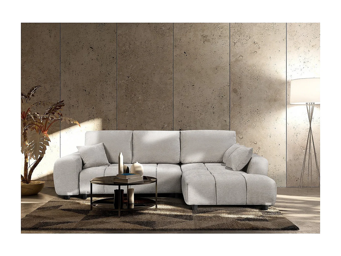 Canapé d'angle droit convertible en tissu chenille "Verneuil" - 3 places - Beige