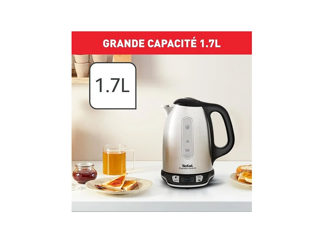 TEFAL Bouilloire électrique 1,7 L, 2400 W, 7 températures réglables, Maintien au chaud 60 min, Inox, Express Control KI240D10