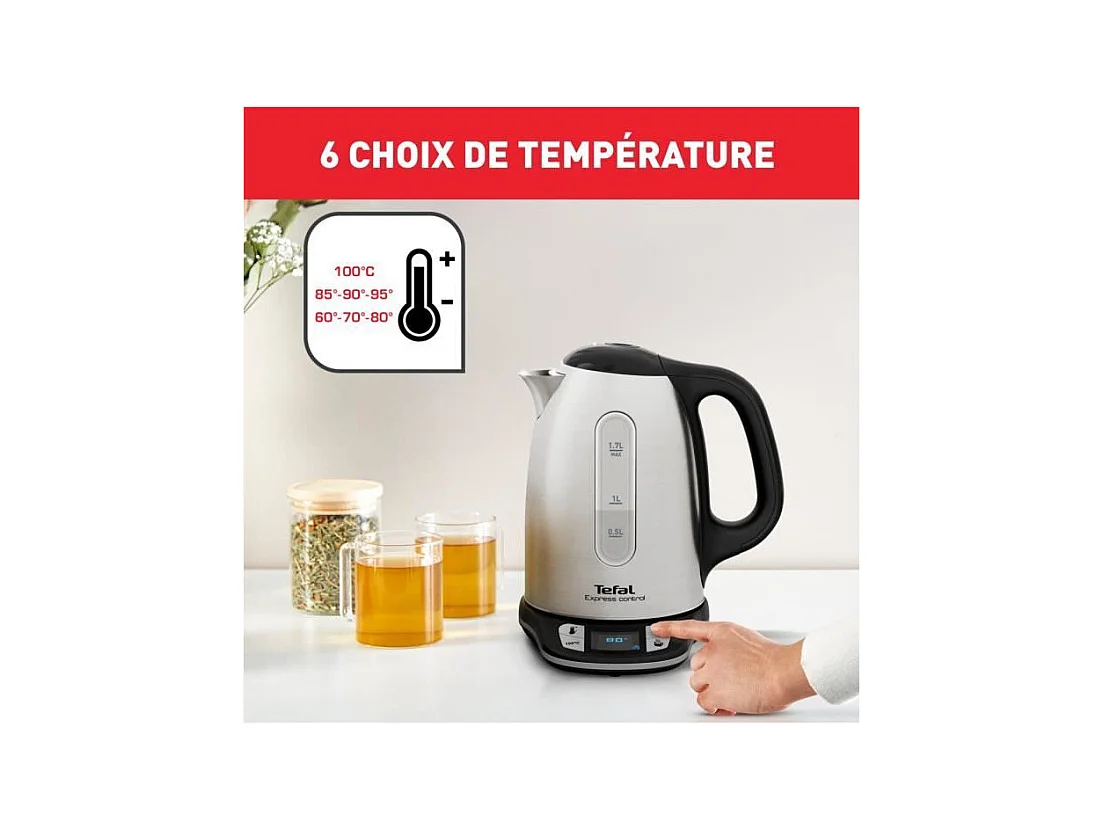 TEFAL Bouilloire électrique 1,7 L, 2400 W, 7 températures réglables, Maintien au chaud 60 min, Inox, Express Control KI240D10