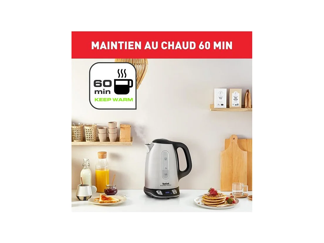TEFAL Bouilloire électrique 1,7 L, 2400 W, 7 températures réglables, Maintien au chaud 60 min, Inox, Express Control KI240D10