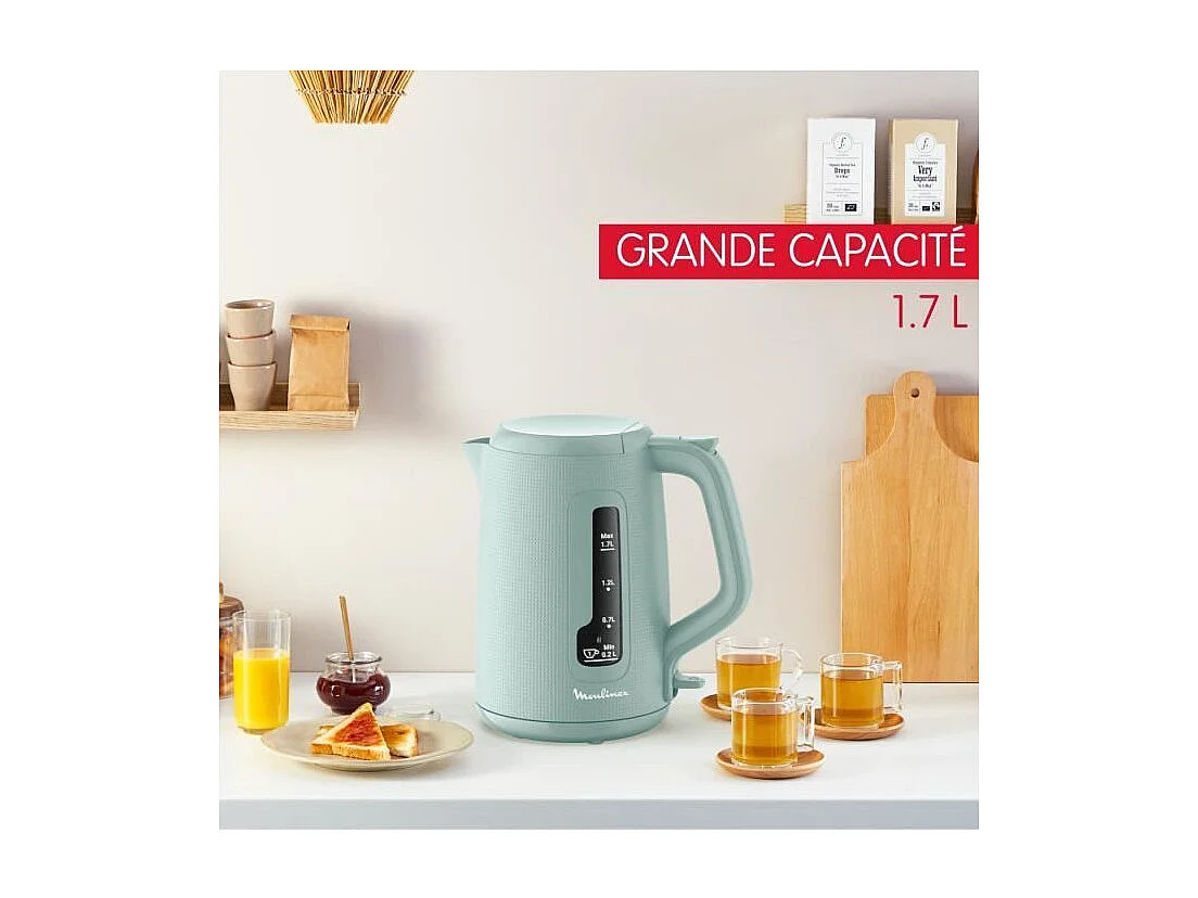 MOULINEX Bouilloire électrique 1.7 L, Indicateur 1 tasse, Filtre anticalcaire, Arret auto, Boule a thé incluse, Morning BY2M13