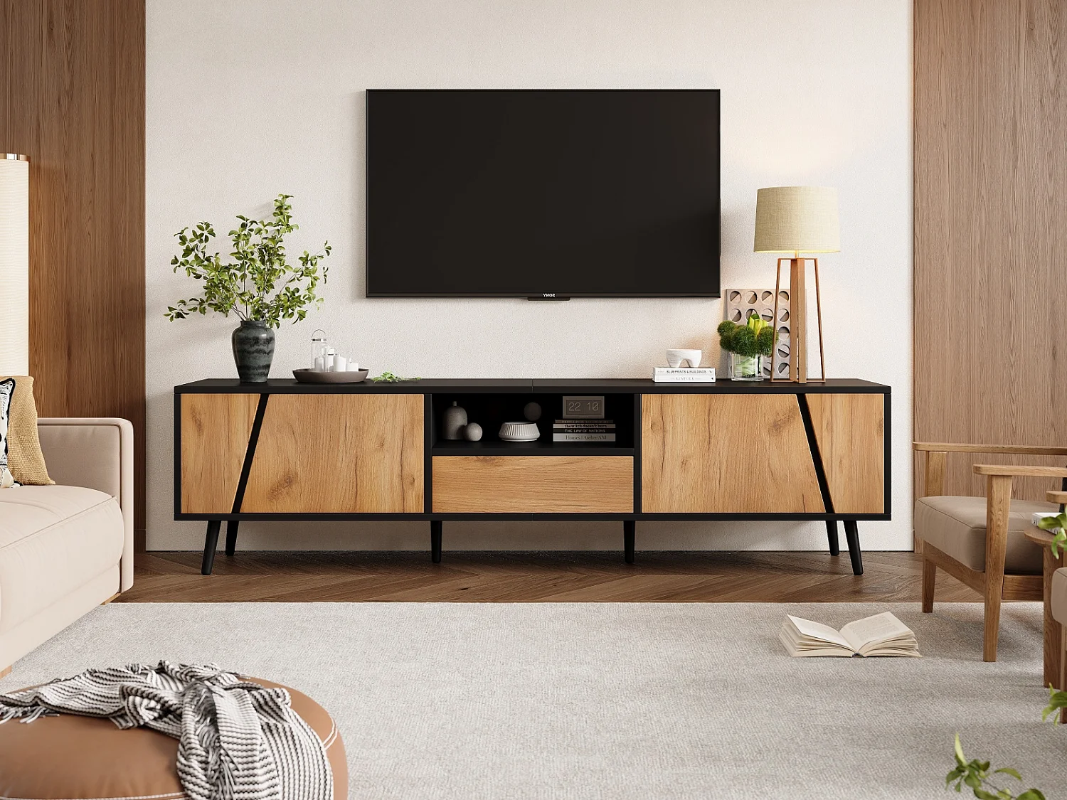 Mueble de TV de madera para televisores de hasta 75 pulgadas, mesa de TV de 180 cm con 2 cajones y estantes