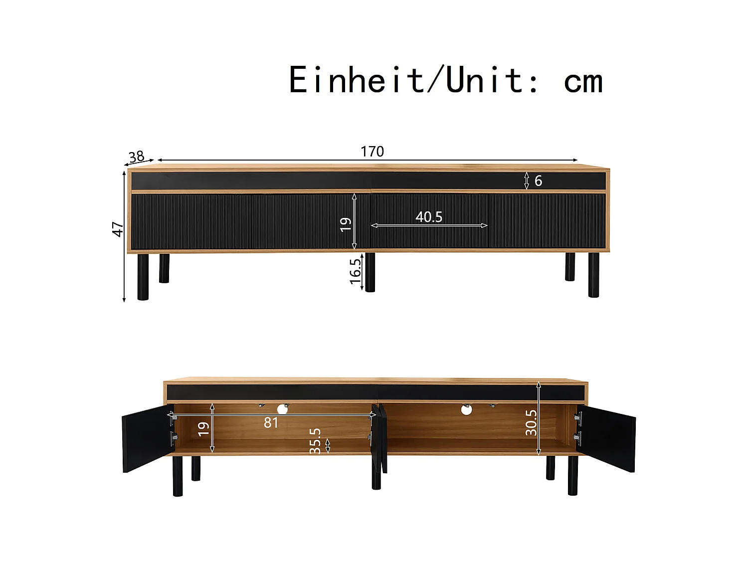 Mueble de TV bajo de madera y negro con 4 puertas, para recibidor y dormitorio, 170 x 38 x 47,7 cm