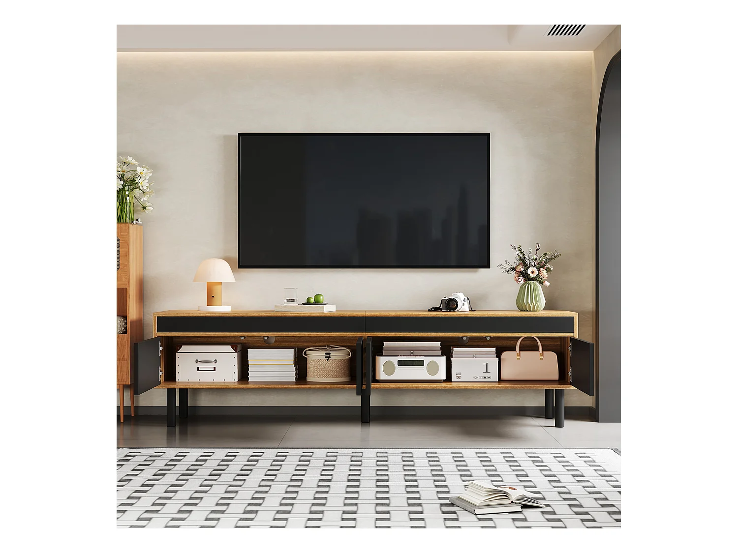 Mueble de TV bajo de madera y negro con 4 puertas, para recibidor y dormitorio, 170 x 38 x 47,7 cm