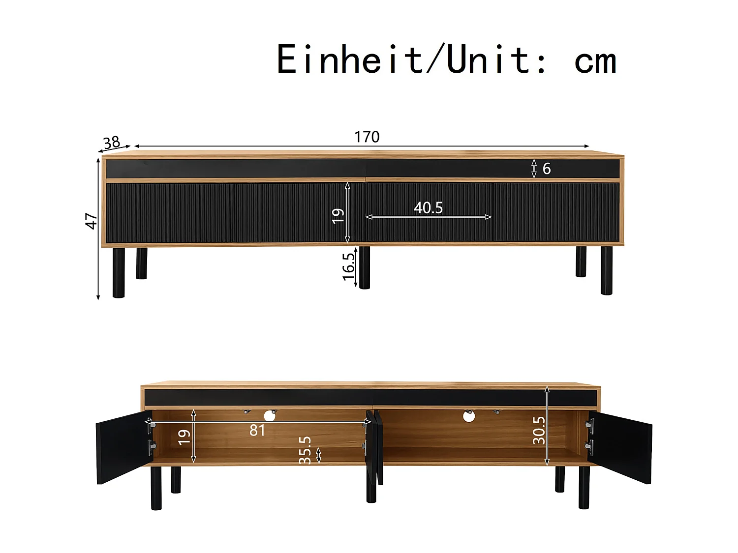 Meuble TV en Bois et Noir, Meuble TV Bas avec 4 Portes, Couloir et Chambre à Coucher, 170x38x47.7cm