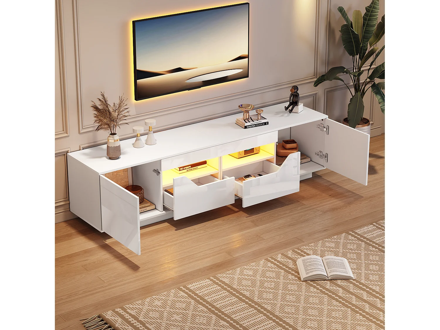 Meuble TV Salon avec Lumières LED RVB Blanc 180 x 40 x 45 cm Bois d'ingénierie Armoire Multimédia