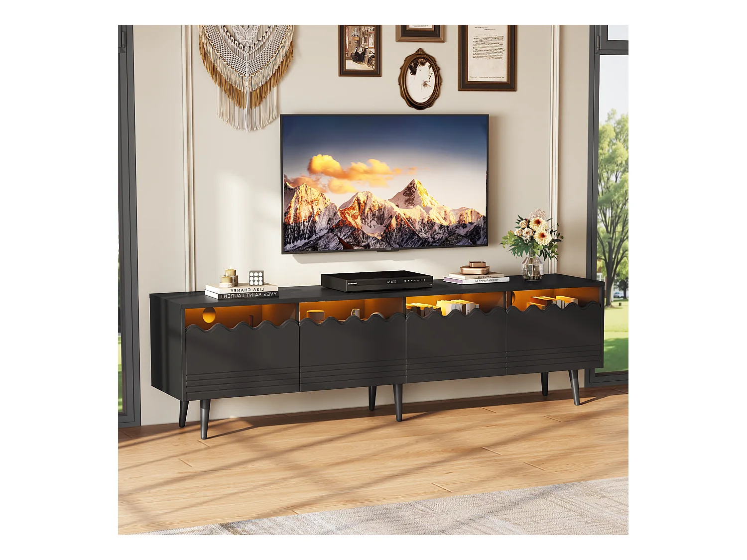 Mueble de TV con iluminación LED - Mueble de TV con 2 puertas y 2 cajones - Negro - 176 cm