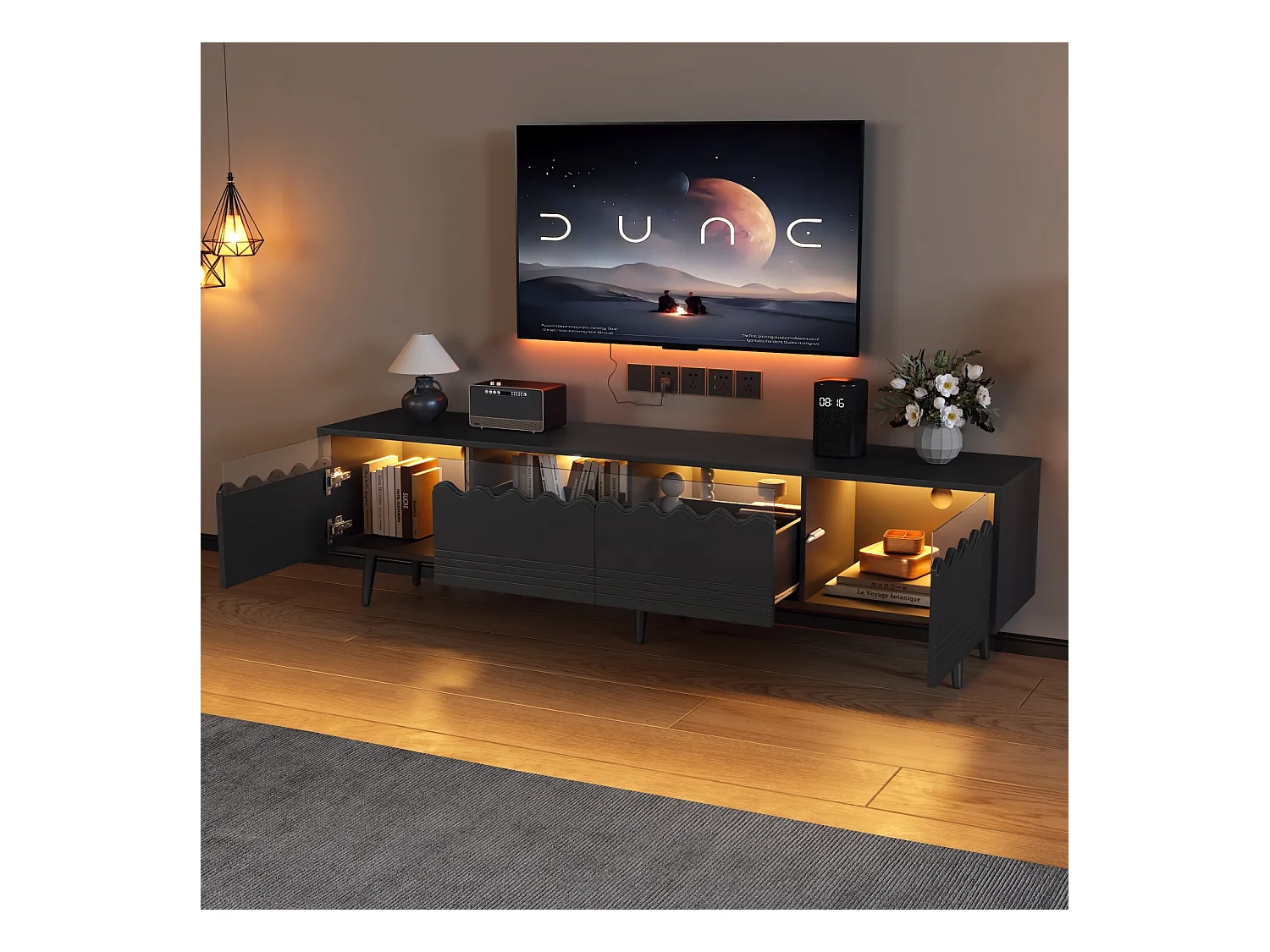 Mueble de TV con iluminación LED - Mueble de TV con 2 puertas y 2 cajones - Negro - 176 cm