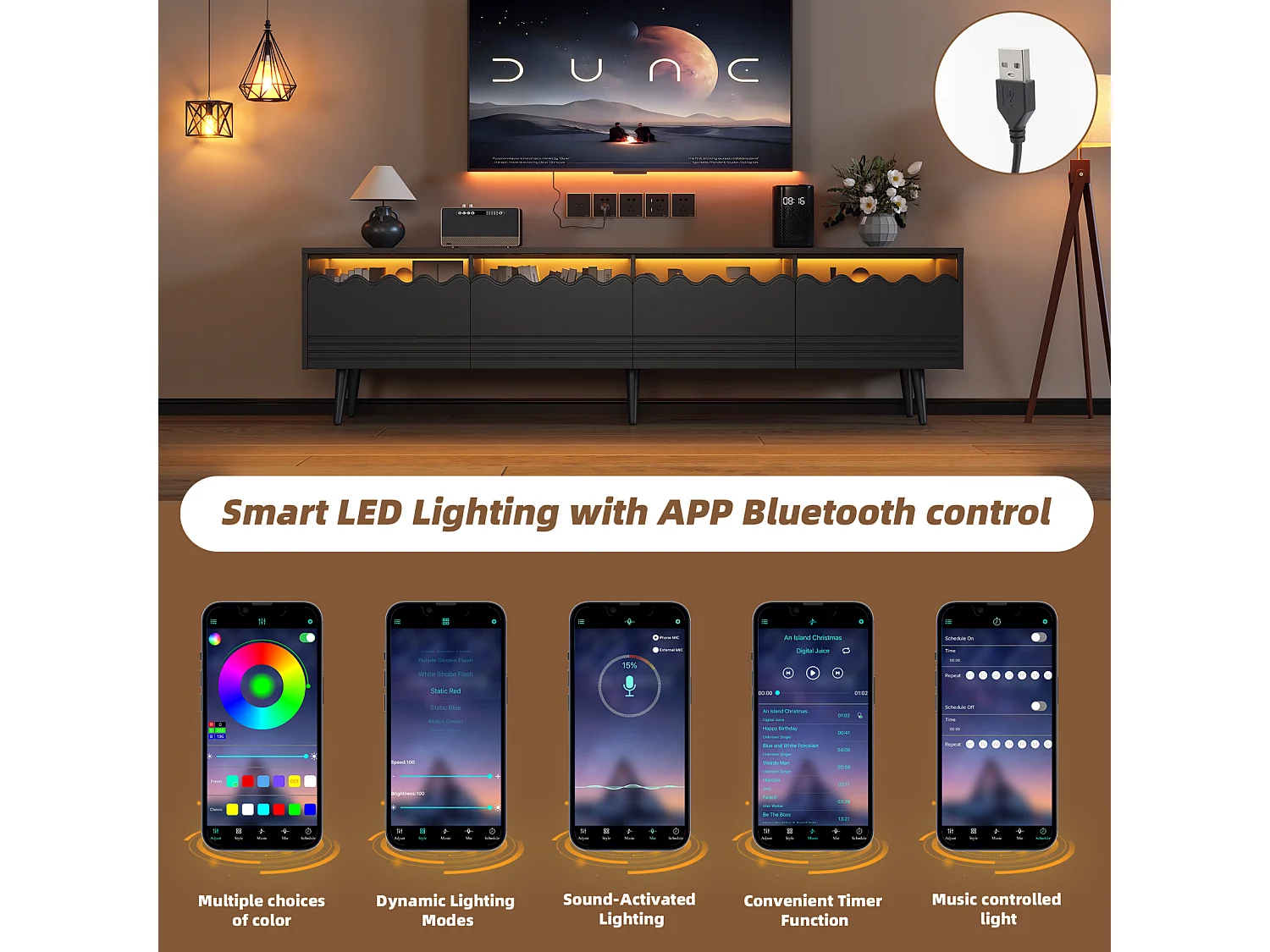 Mueble de TV con iluminación LED - Mueble de TV con 2 puertas y 2 cajones - Negro - 176 cm