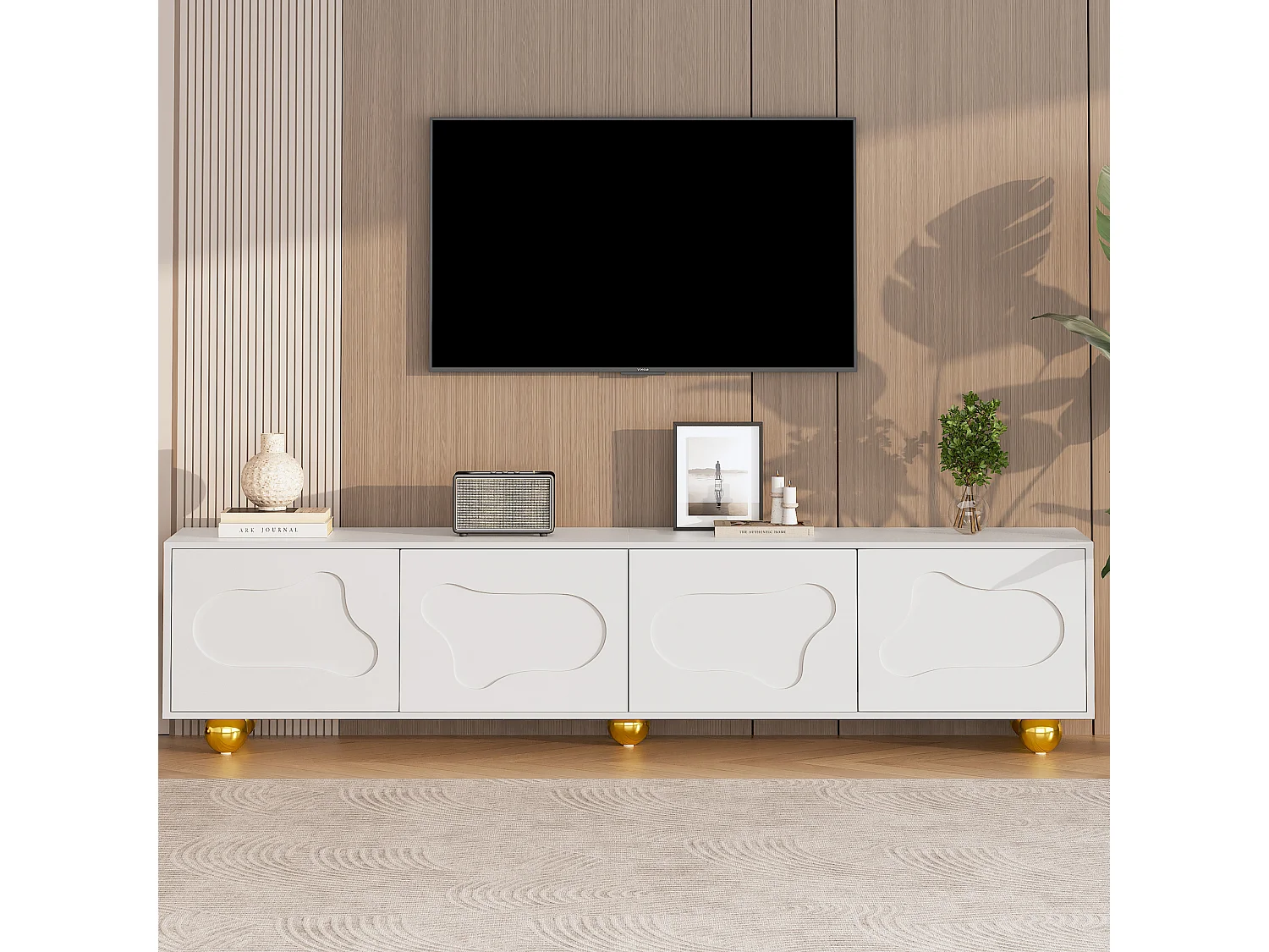 Meuble TV Blanc avec 4 Portes, Table Television Salon avec Pieds arrondis, avec Rangement