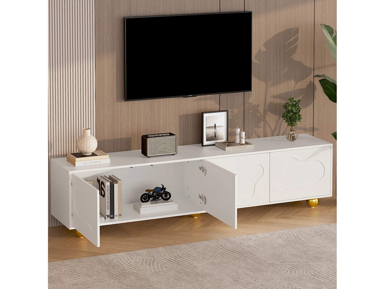 Meuble TV Blanc avec 4 Portes, Table Television Salon avec Pieds arrondis, avec Rangement