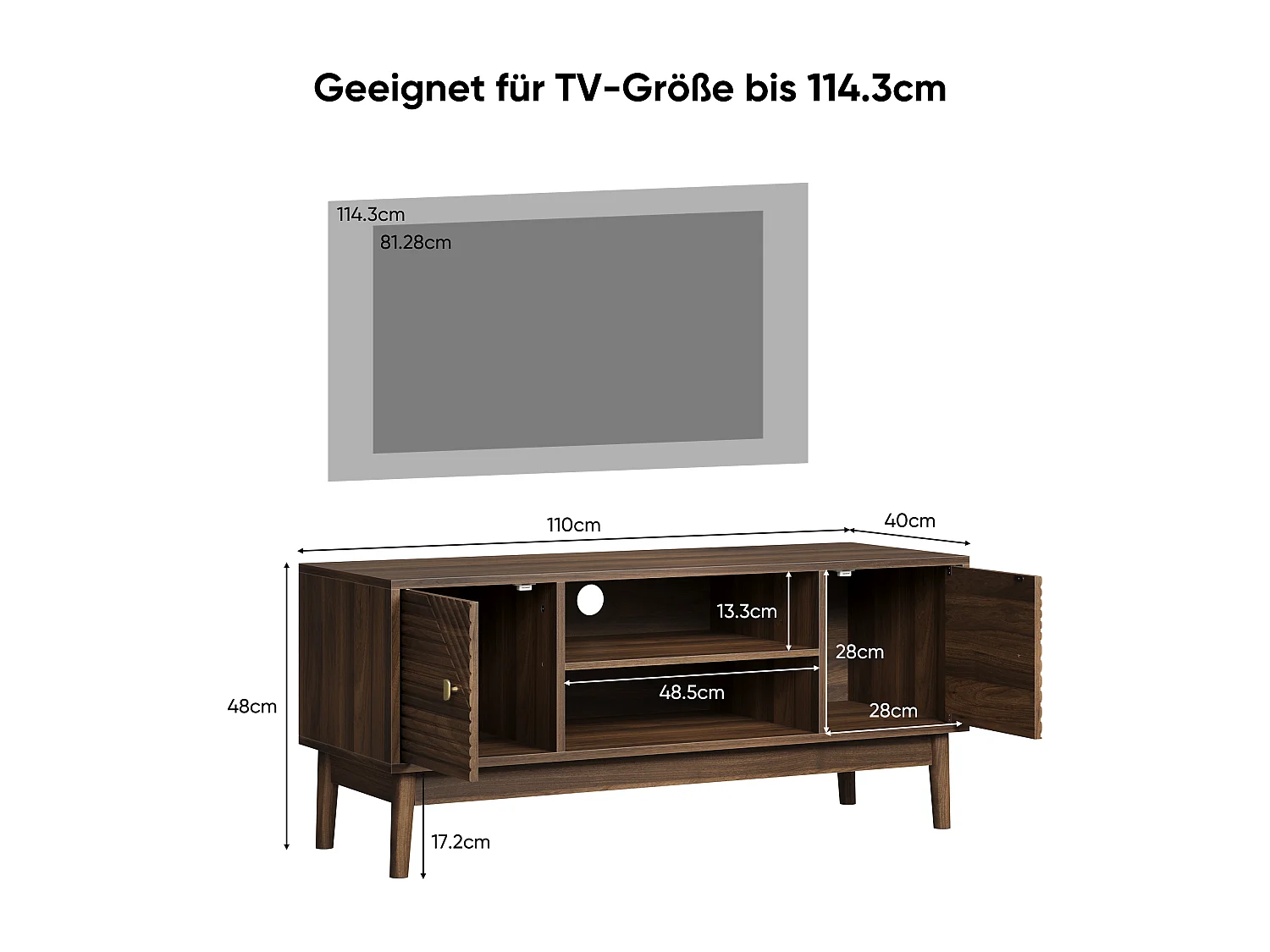 Meuble TV bas 110 x 40 x 48 cm, avec portes gravées à rayures et compartiments de rangement, noyer