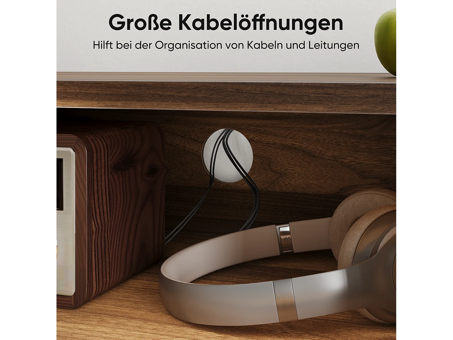 Meuble TV bas 110 x 40 x 48 cm, avec portes gravées à rayures et compartiments de rangement, noyer