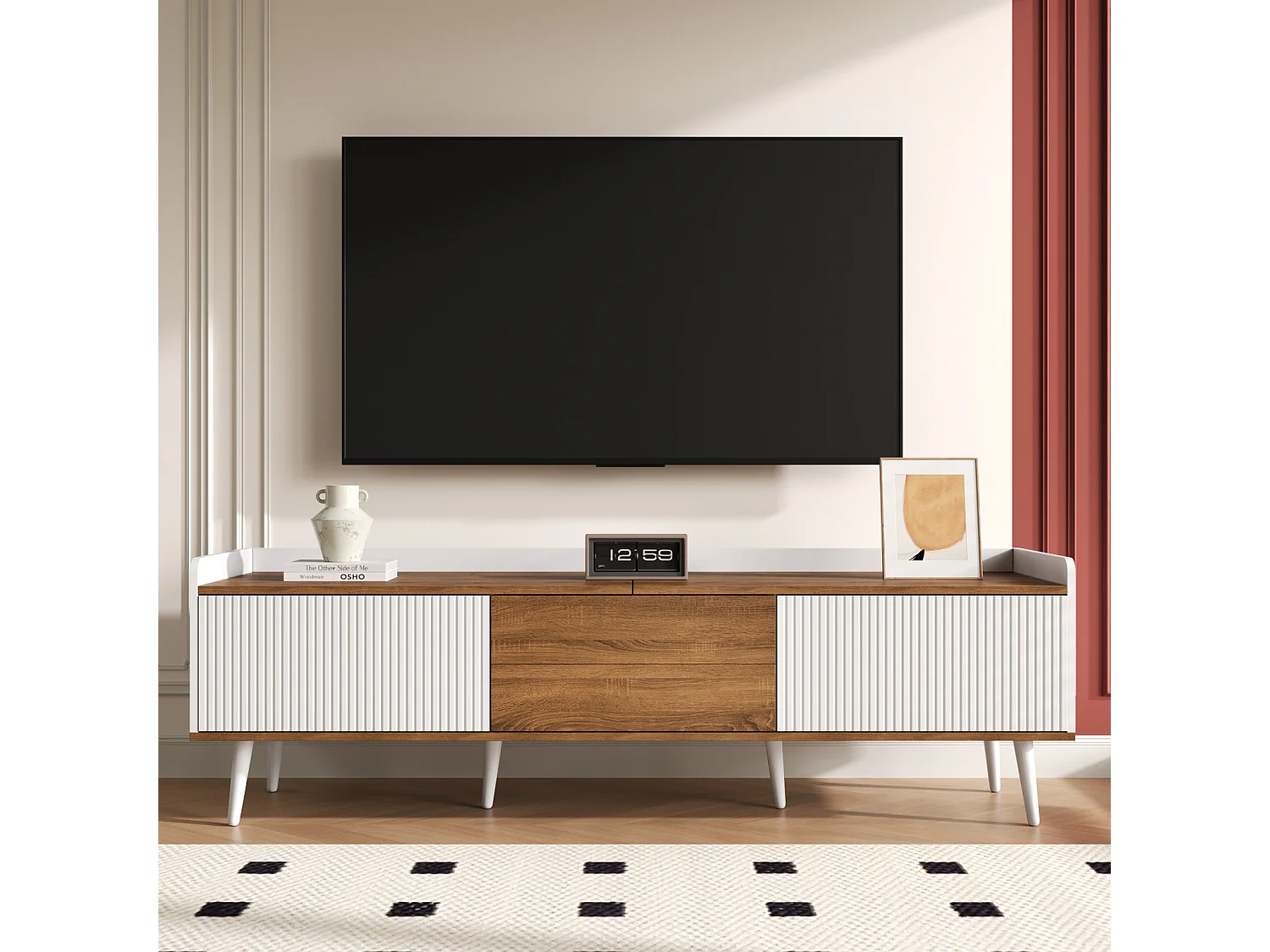 Meuble TV Moderne avec 3 Portes, Meuble Bas Finition Blanche et Bois Naturel, 160x39x49.5cm