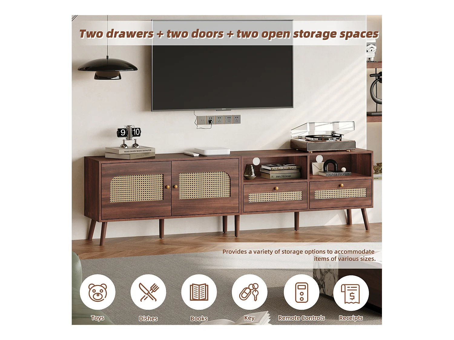 Meuble TV bas avec 2 portes en rotin, 2 tiroirs, compartiments de rangement ouverts, 200 cm, marron