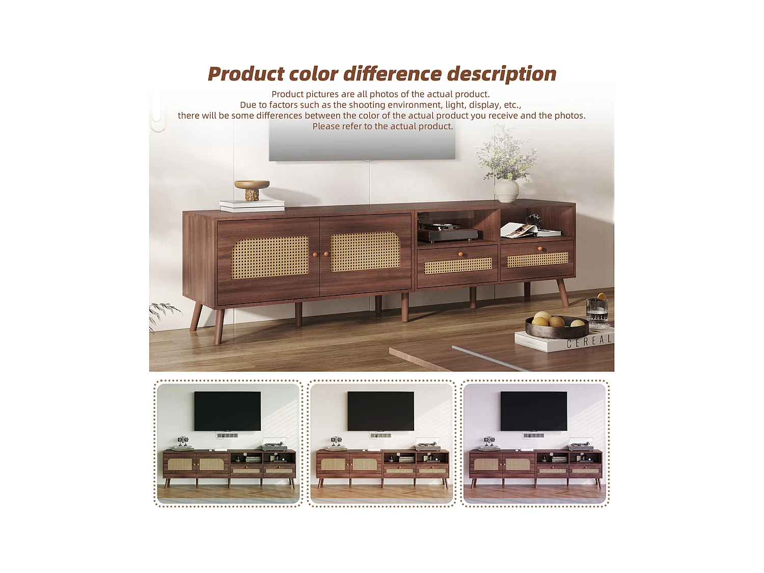 Meuble TV bas avec 2 portes en rotin, 2 tiroirs, compartiments de rangement ouverts, 200 cm, marron