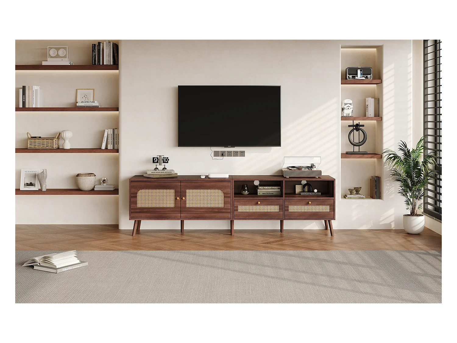 Móvel de TV baixo com 2 portas de vime, 2 gavetas, compartimentos de arrumação abertos, 200 cm, castanho