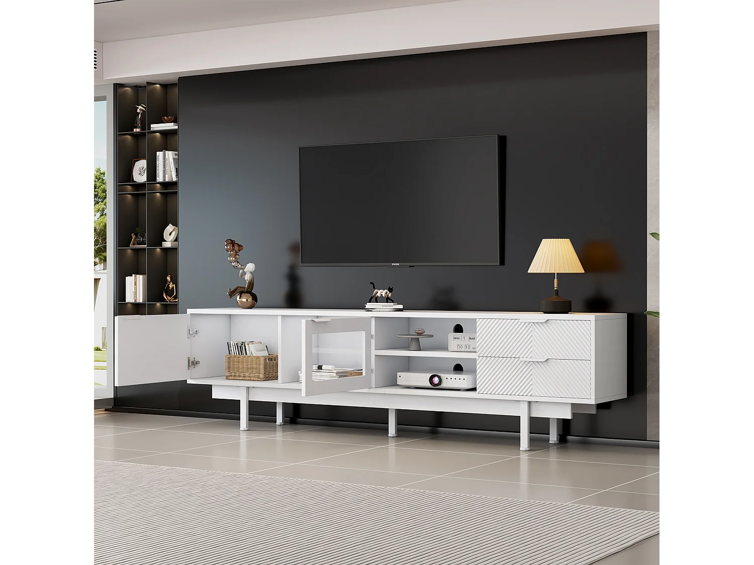 Meuble TV bohème avec espace de rangement, portes d'armoire minimalistes, 200 x 40 x 51 cm, blanc