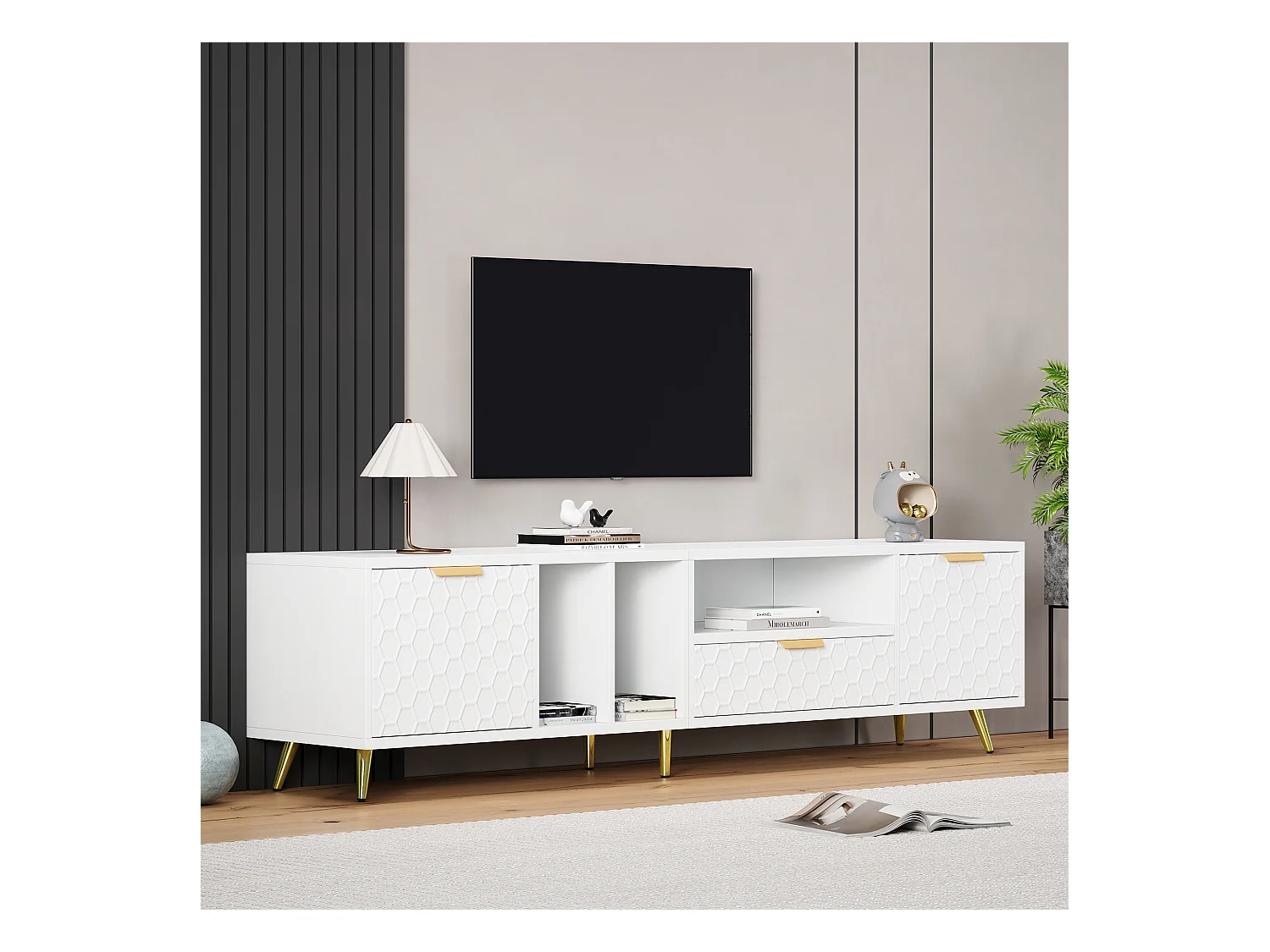 Meuble TV Blanc, Motif Nid d’Abeille Mat & 3 Compartiment & 2 Portes & 1 Tiroir, 180 x40x41cm