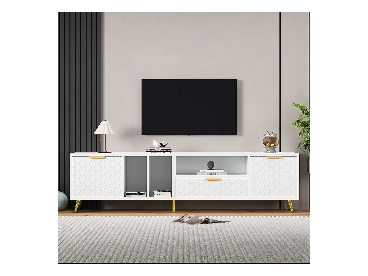 Meuble TV Blanc, Motif Nid d’Abeille Mat & 3 Compartiment & 2 Portes & 1 Tiroir, 180 x40x41cm