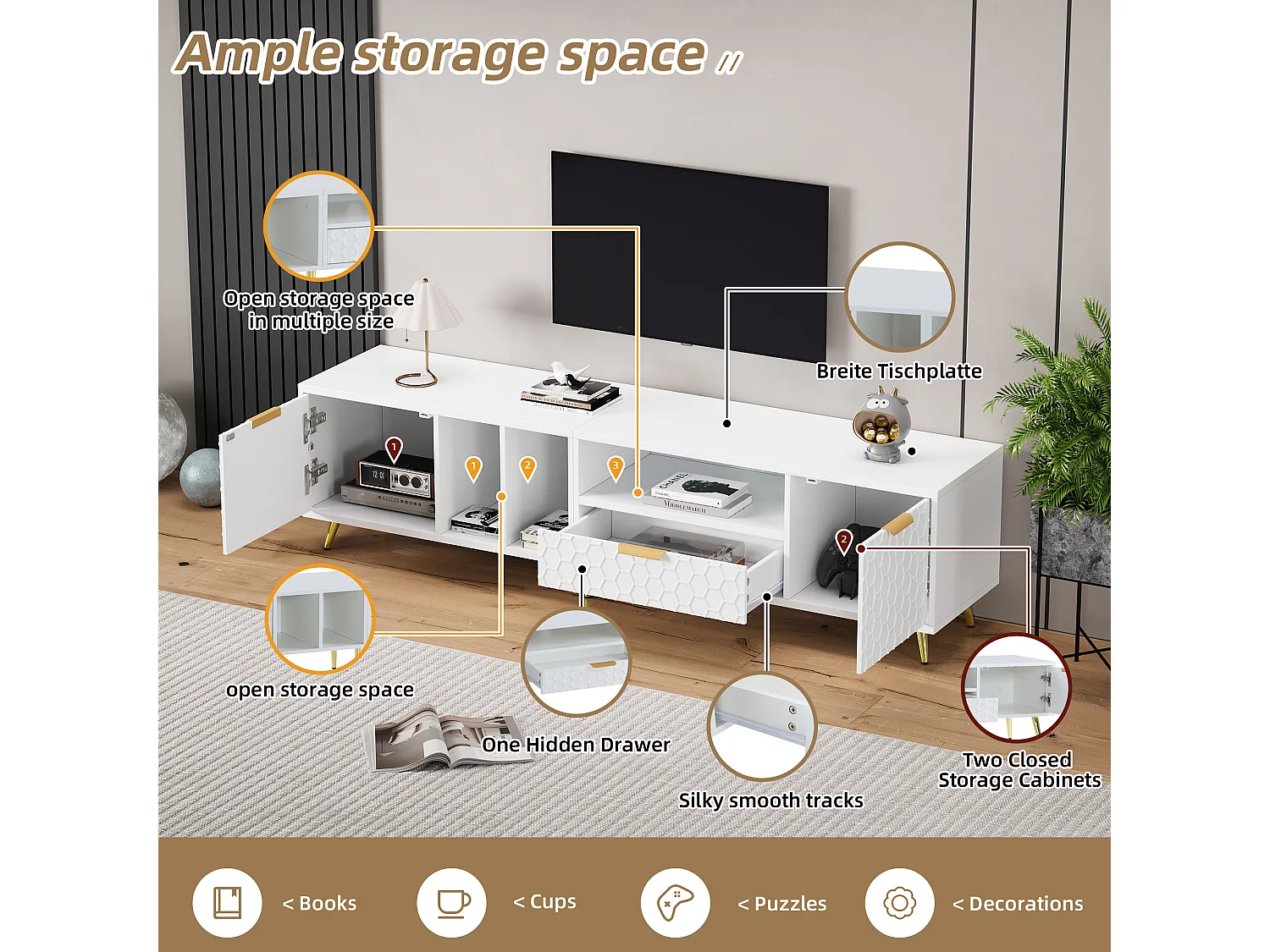 Meuble TV Blanc, Motif Nid d’Abeille Mat & 3 Compartiment & 2 Portes & 1 Tiroir, 180 x40x41cm