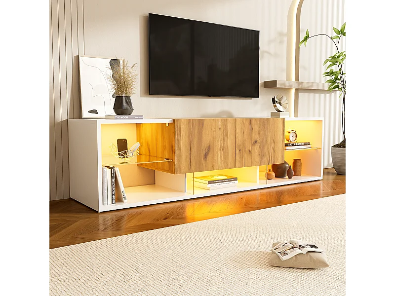 Meuble TV 160 x 40 x 42 cm, Console TV Moderne avec Plateau de Rangement en Verre et 2 tiroirs,Blanc