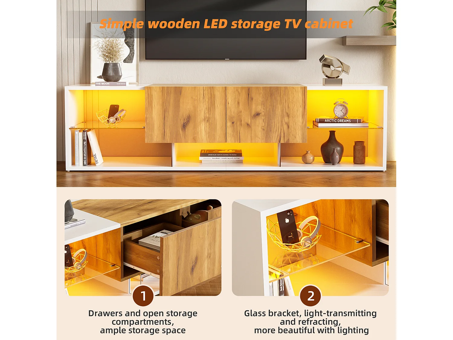 Meuble TV 160 x 40 x 42 cm, Console TV Moderne avec Plateau de Rangement en Verre et 2 tiroirs,Blanc