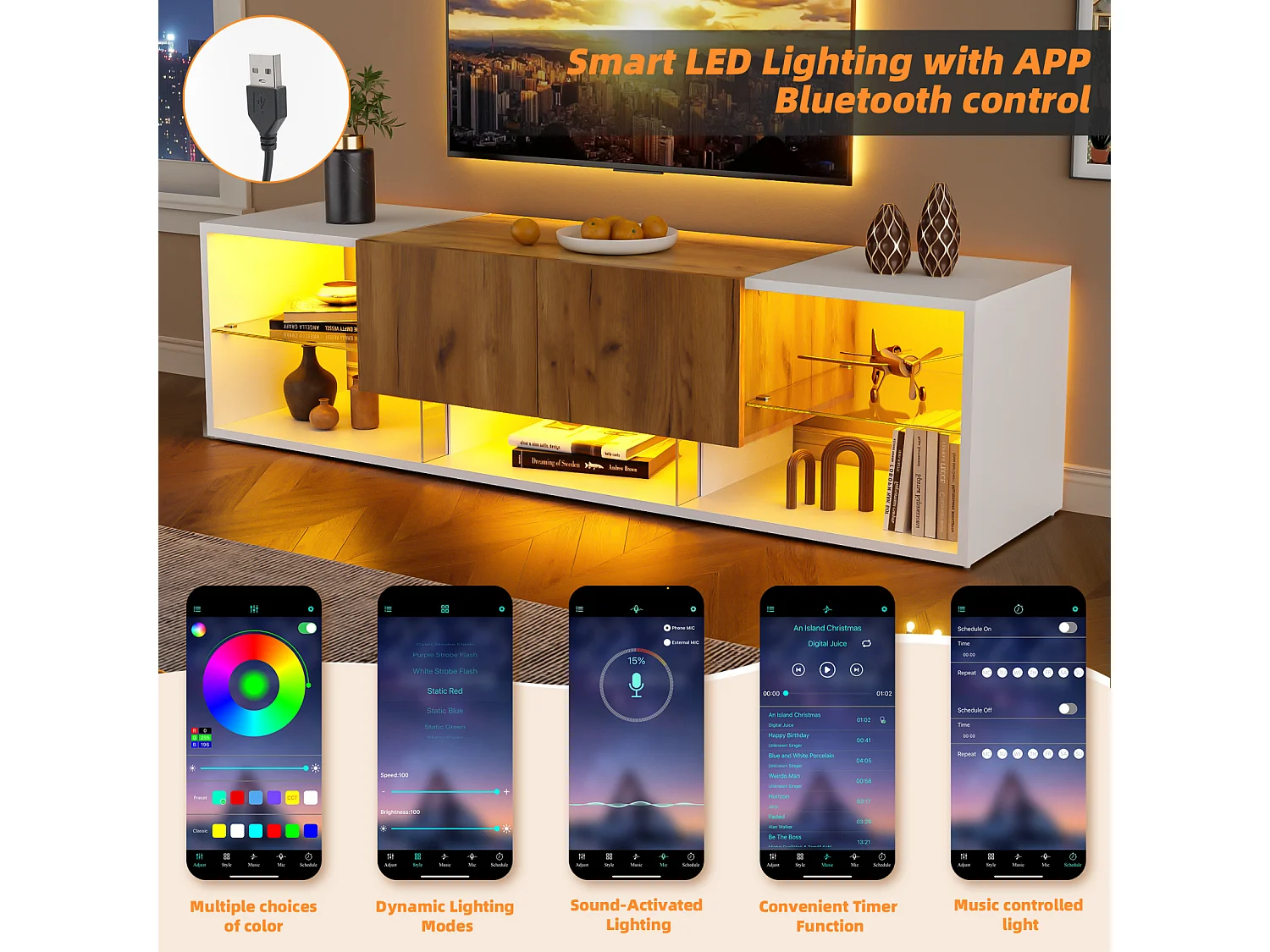 Meuble TV 160 x 40 x 42 cm, Console TV Moderne avec Plateau de Rangement en Verre et 2 tiroirs,Blanc