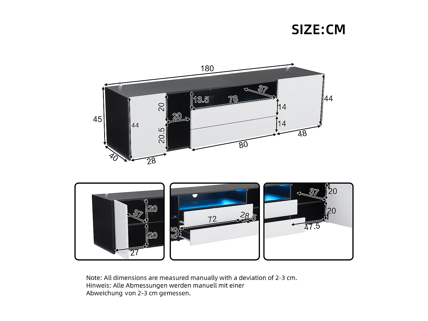 Meuble TV avec LED brillant avec 2 portes et 2 tiroirs - Meuble TV - 180 cm - Noir et blanc