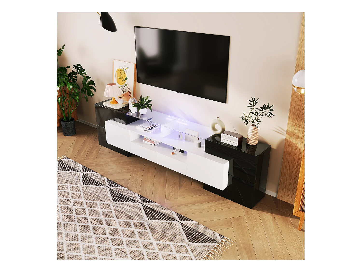 Meuble TV 200 cm - Élégant meuble TV bas - Brillant avec LED - Surface en verre élégante - Noir