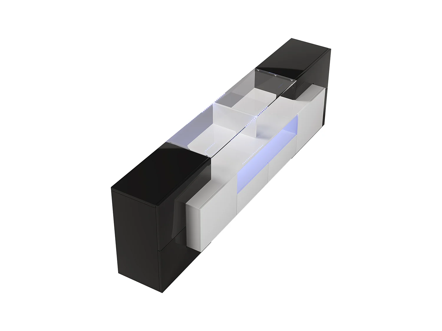 Meuble TV 200 cm - Élégant meuble TV bas - Brillant avec LED - Surface en verre élégante - Noir