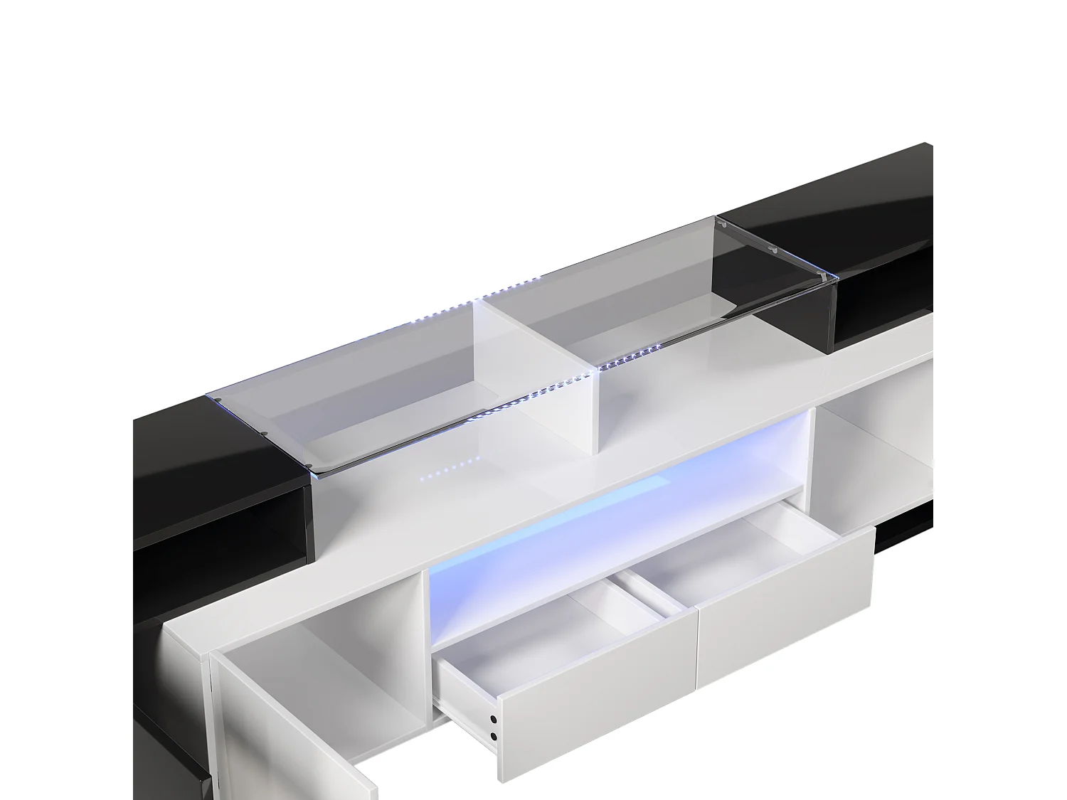 Meuble TV 200 cm - Élégant meuble TV bas - Brillant avec LED - Surface en verre élégante - Noir