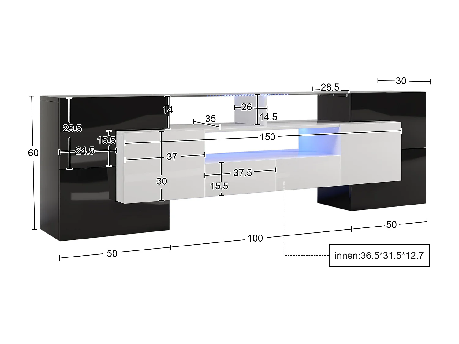 Mueble de TV de 200 cm - Elegante mueble de TV bajo - Brillo con LED - Elegante superficie de cristal - Negro