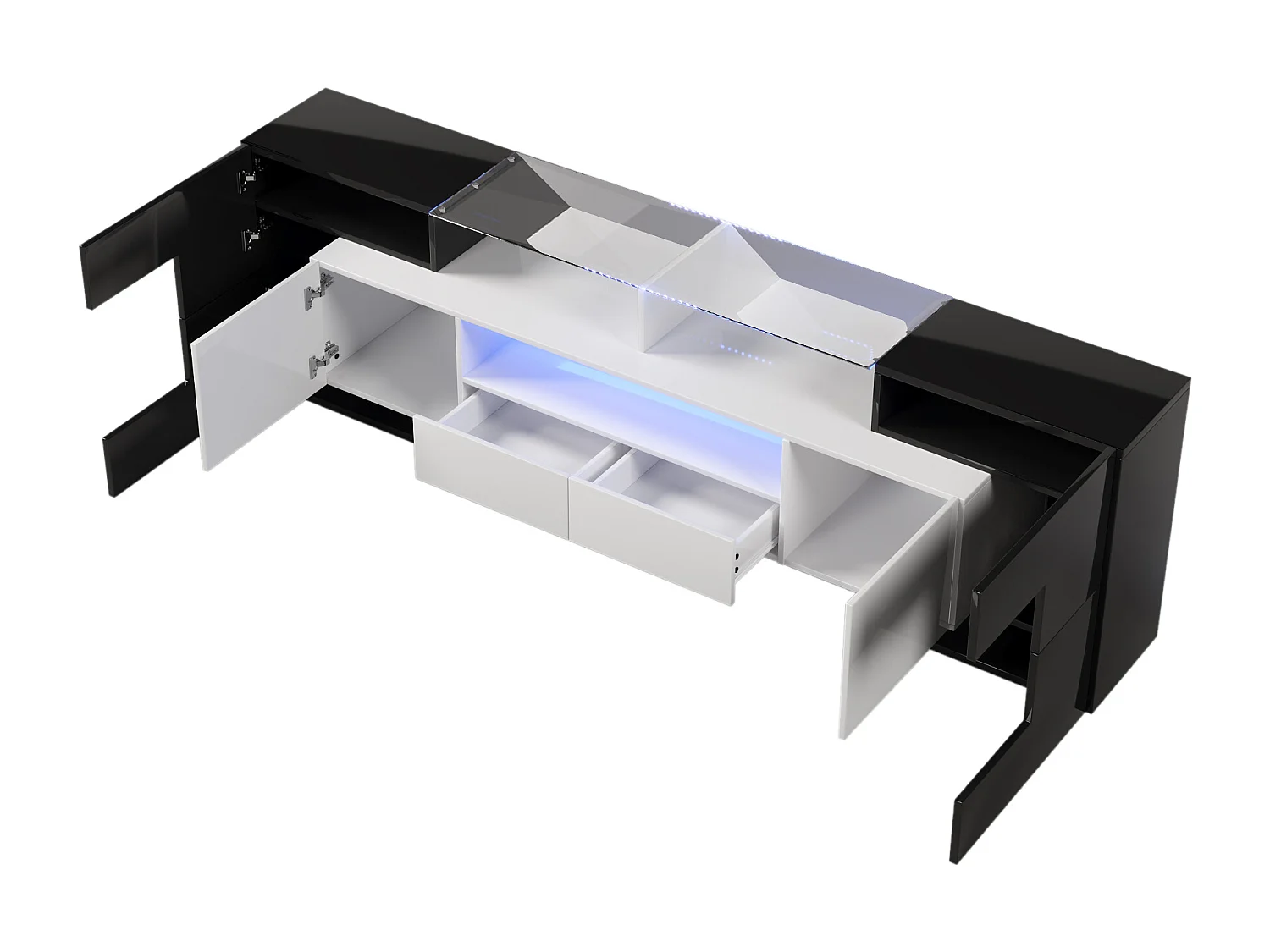 Mueble de TV de 200 cm - Elegante mueble de TV bajo - Brillo con LED - Elegante superficie de cristal - Negro