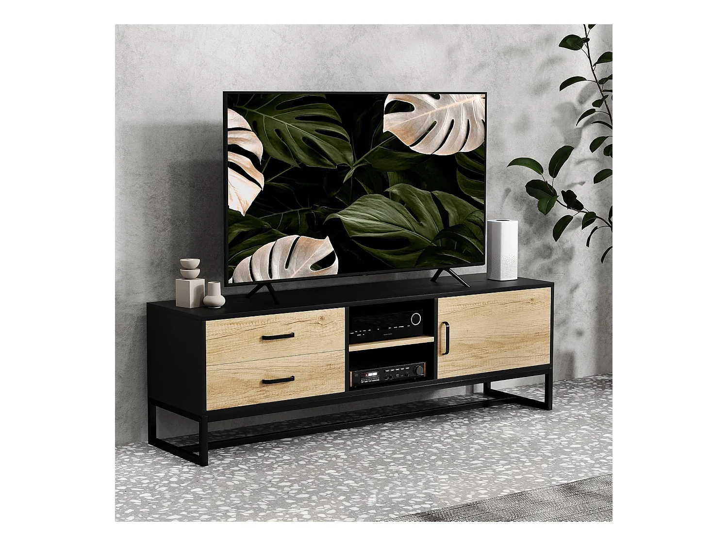 Meuble télé Bois Banc TV avec Placard, Compartiments Ouverts, 2 tiroirs, étagère réglable, Bois