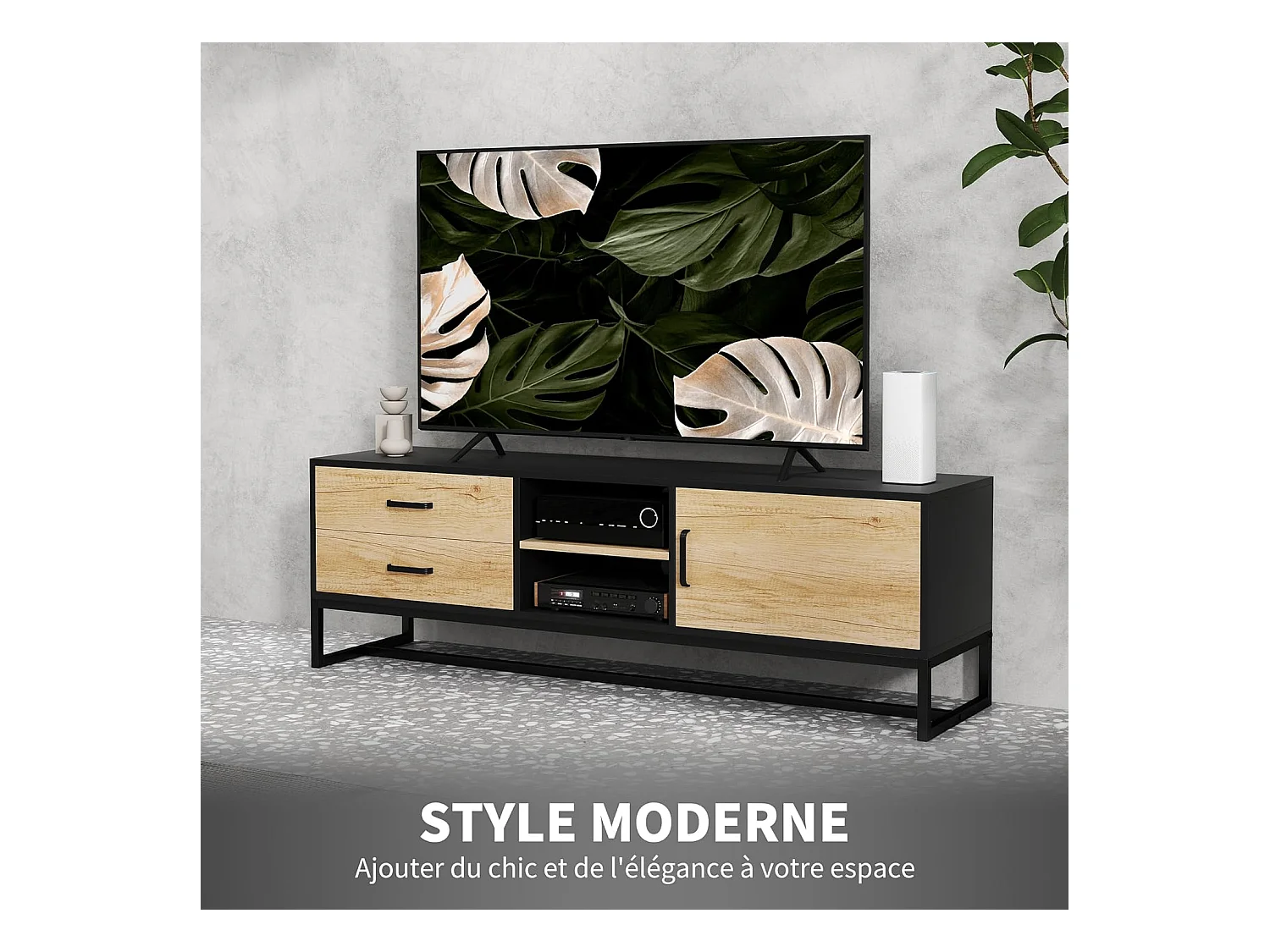 Meuble télé Bois Banc TV avec Placard, Compartiments Ouverts, 2 tiroirs, étagère réglable, Bois