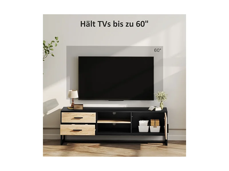 Meuble télé Bois Banc TV avec Placard, Compartiments Ouverts, 2 tiroirs, étagère réglable, Bois