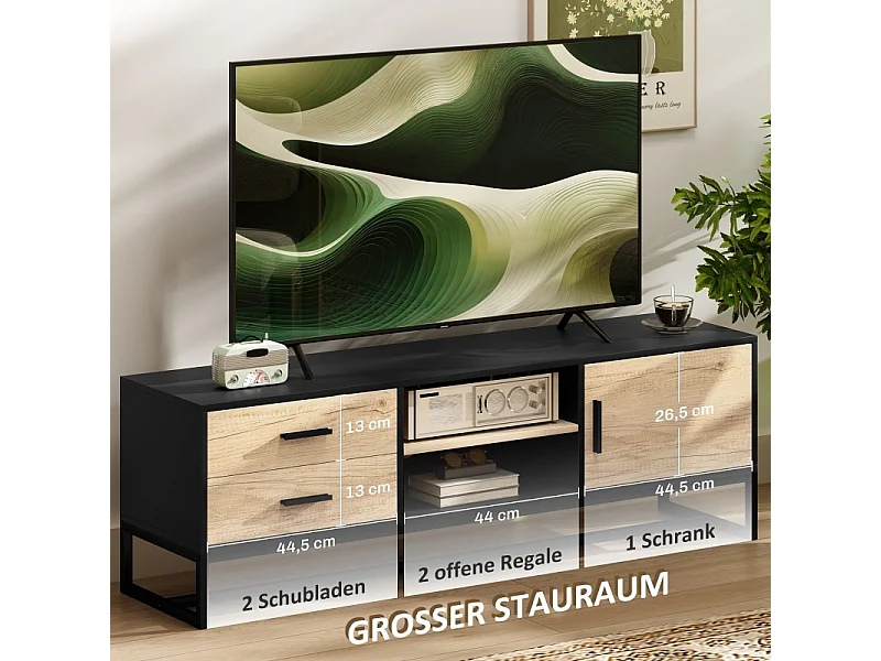 Meuble télé Bois Banc TV avec Placard, Compartiments Ouverts, 2 tiroirs, étagère réglable, Bois