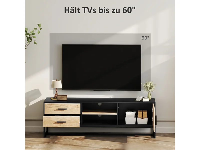 Meuble télé Bois Banc TV avec Placard, Compartiments Ouverts, 2 tiroirs, étagère réglable, Bois