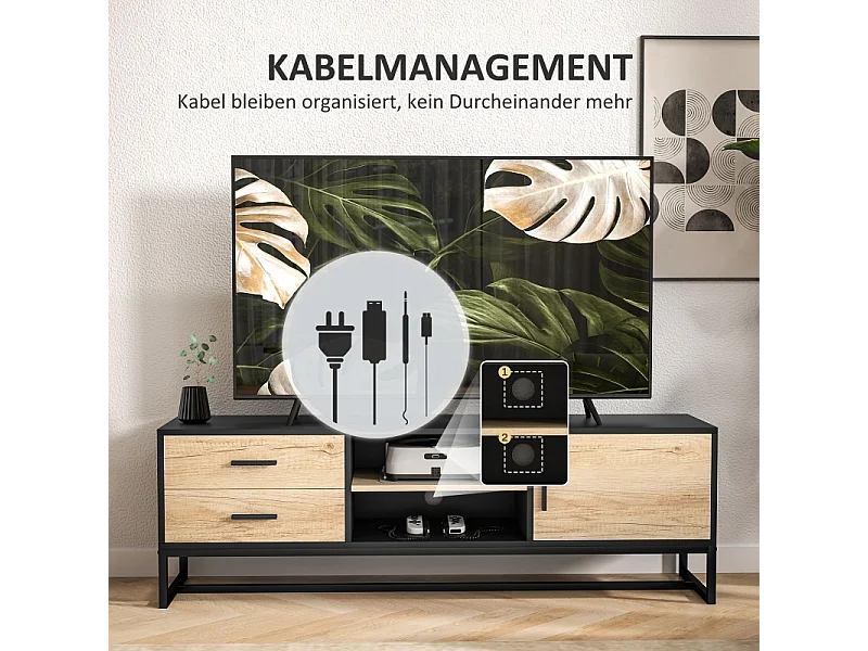 Meuble télé Bois Banc TV avec Placard, Compartiments Ouverts, 2 tiroirs, étagère réglable, Bois