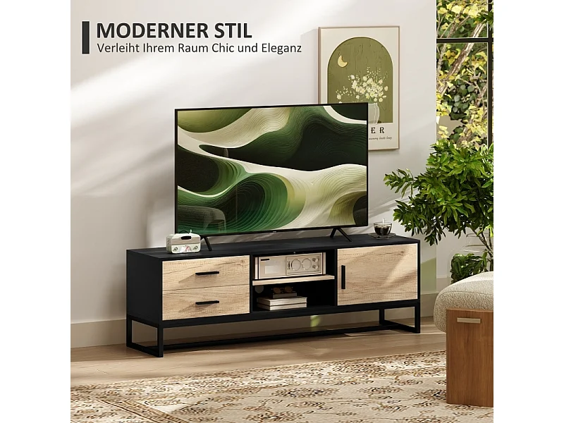 Meuble télé Bois Banc TV avec Placard, Compartiments Ouverts, 2 tiroirs, étagère réglable, Bois